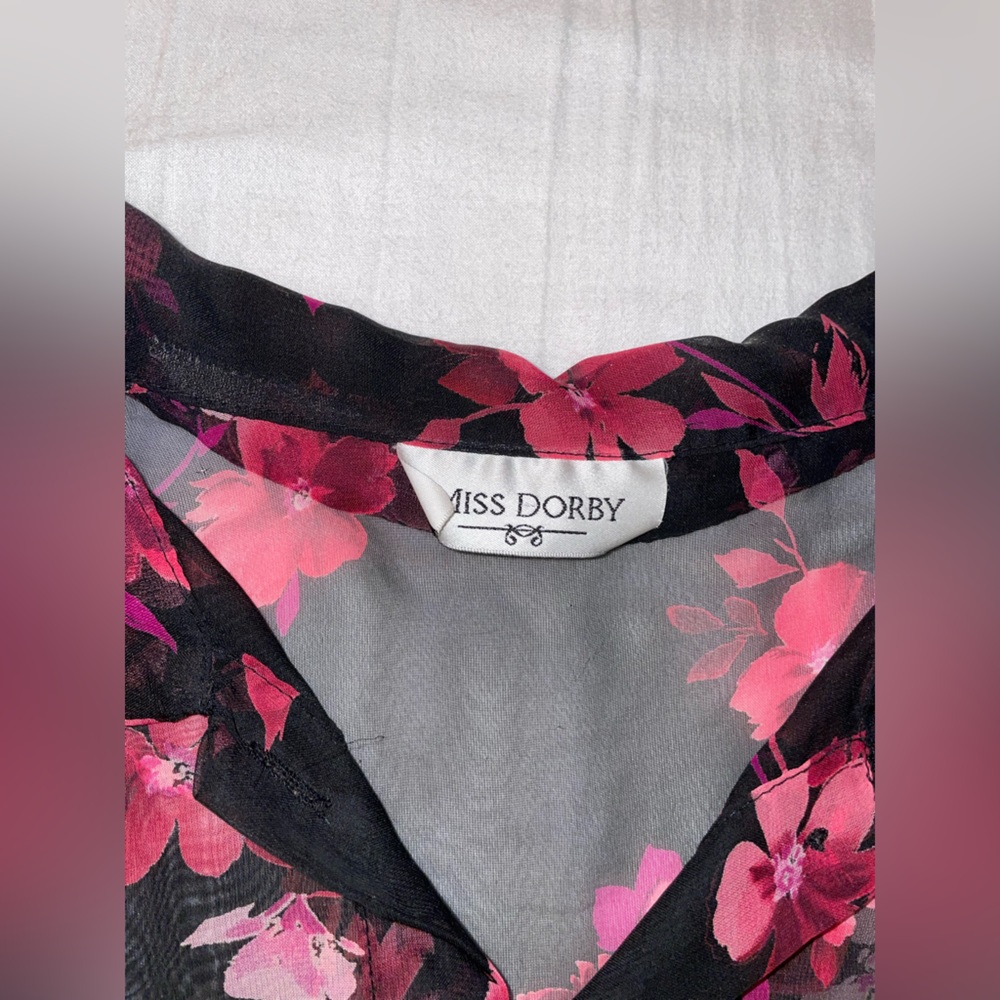 Vintage Miss Dorby Sheer Floral Blouse – Black & Pink – Size S/M